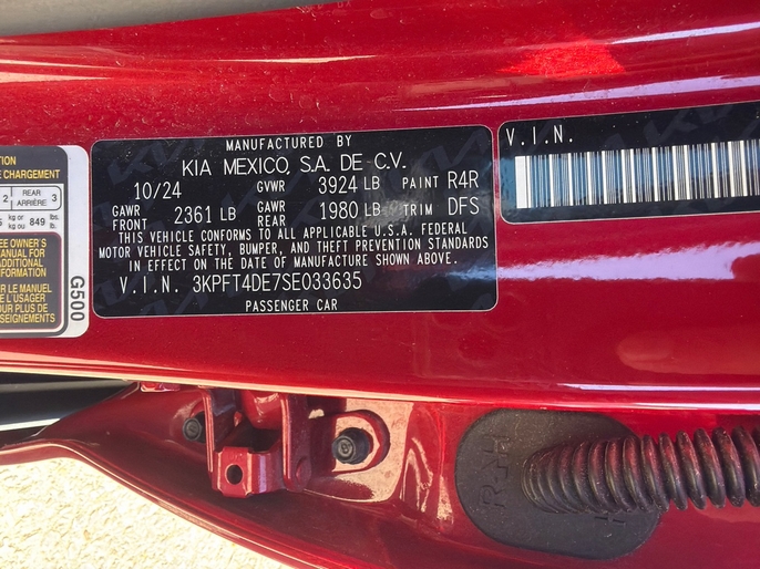 2025 Kia K4 LXS red driver door jamb label VIN 3KPFT4DE7SE033635 Dallas TX