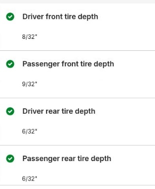 2025 Kia K4 LXS red tire tread depth readings VIN 3KPFT4DE7SE033635 Dallas TX